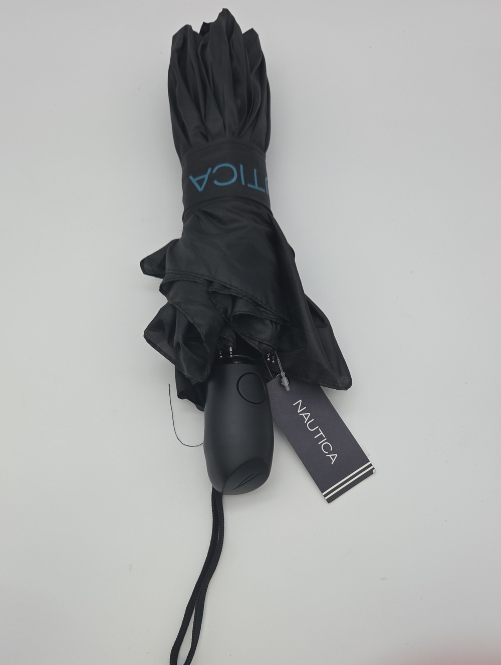 Nautica Black Compact Umbrella with Blue Logo Accent